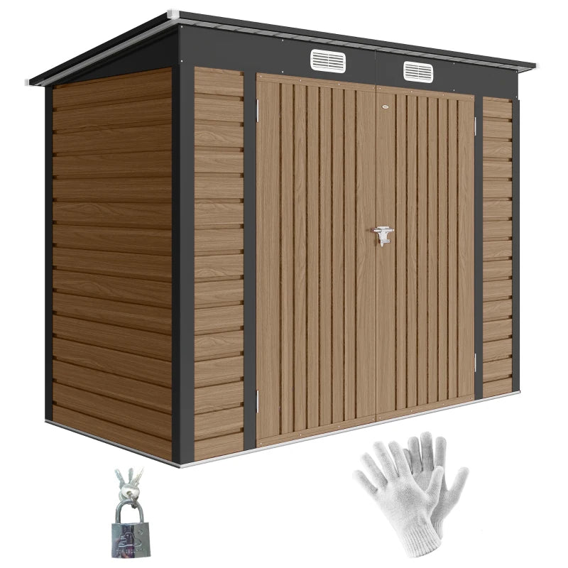 8 x 4FT Galvanized Garden Storage Shed, Metal Outdoor Shed with Double Doors and 2 Vents, Teak