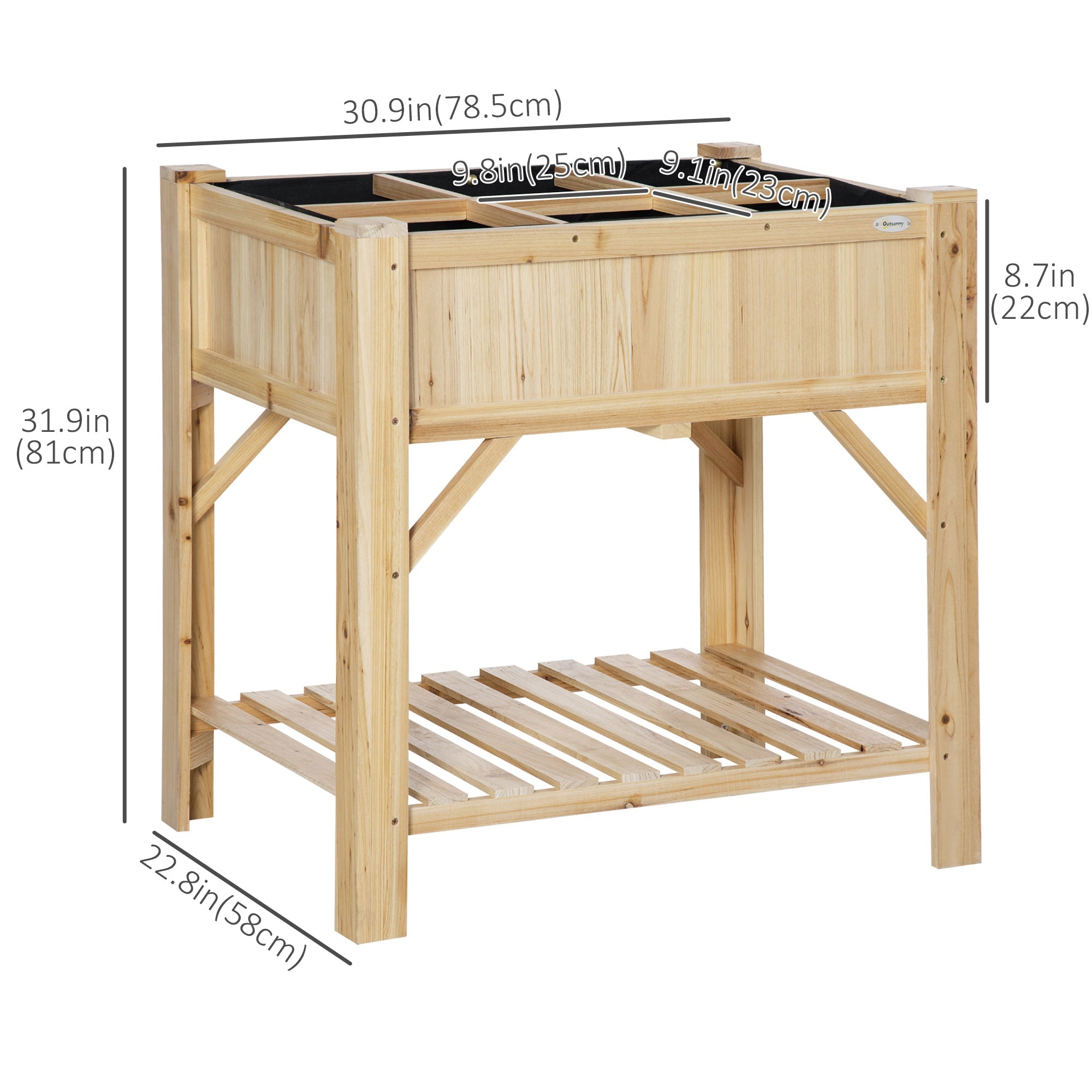 Outsunny Elevated Wood Planter Box 31"x23" - Raised Garden Bed for Vegetables, Flowers, Herbs with Non-Woven Fabric, Natural 
