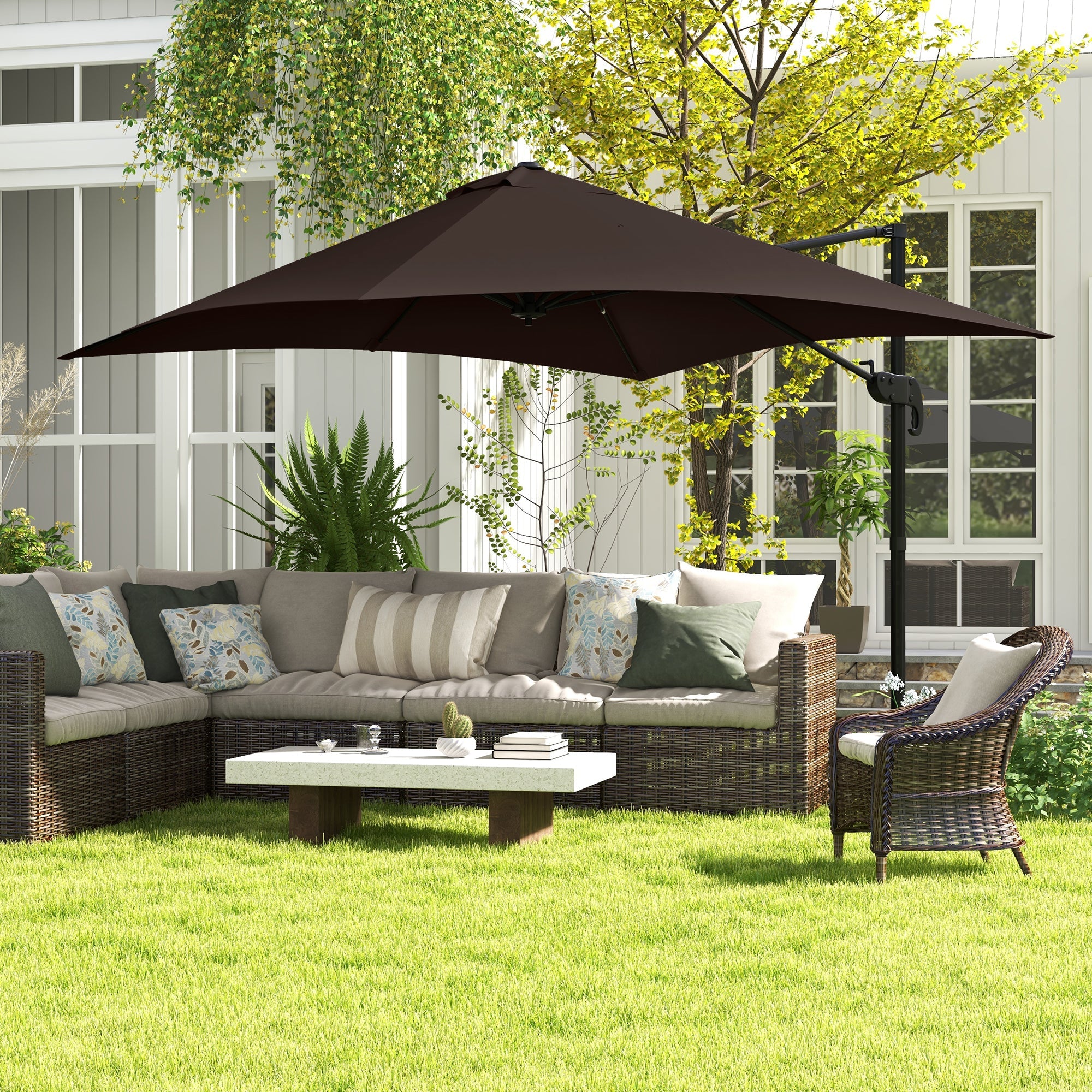 Outsunny 10x10ft Cantilever Umbrella Square Market Parasol Adjustable Outdoor Patio Shade Coffee Rotatable 