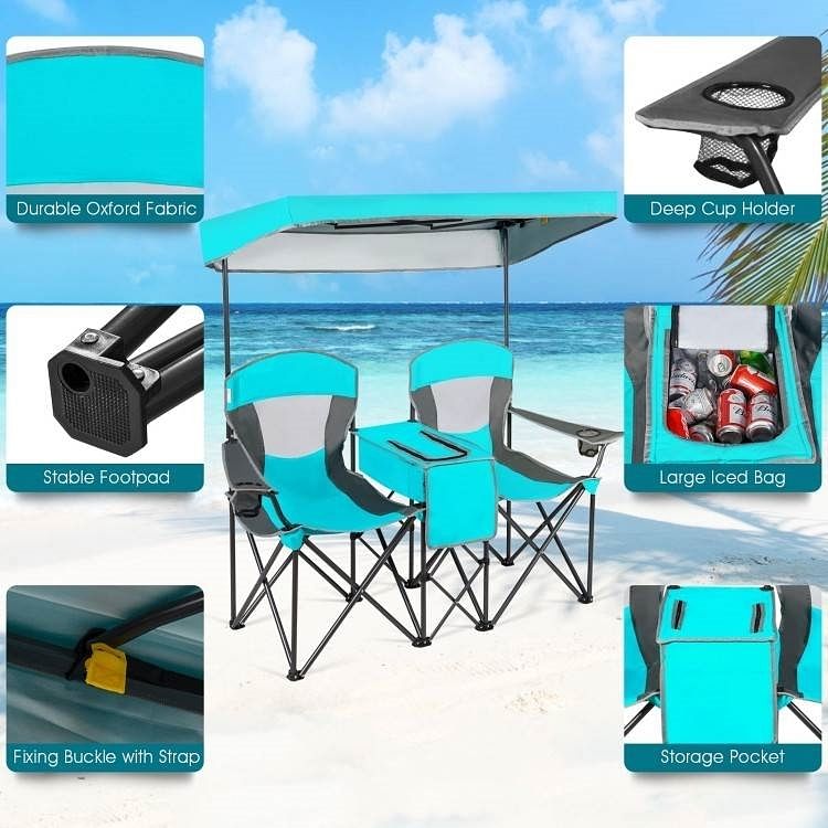 Turquoise Blue 2-Piece Folding Canopy Chair with Cup Holder and Storage Pocket - Free Shipping