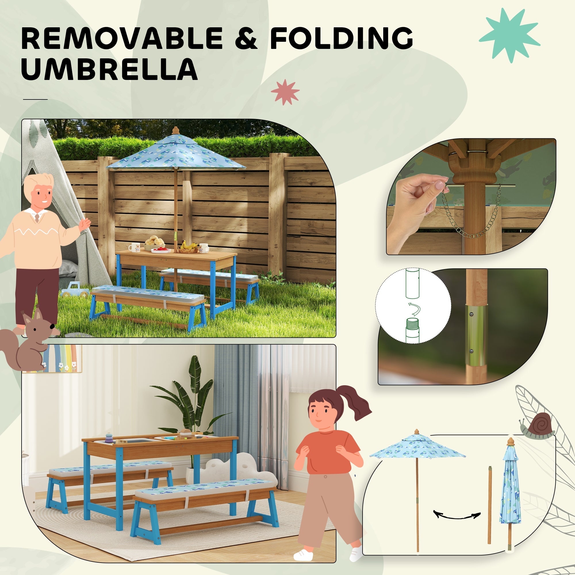 Qaba Kids Picnic Table and Bench Set with Removable Umbrella, Cushions & Boxes, Dinosaur Theme for Outdoor, Blue 