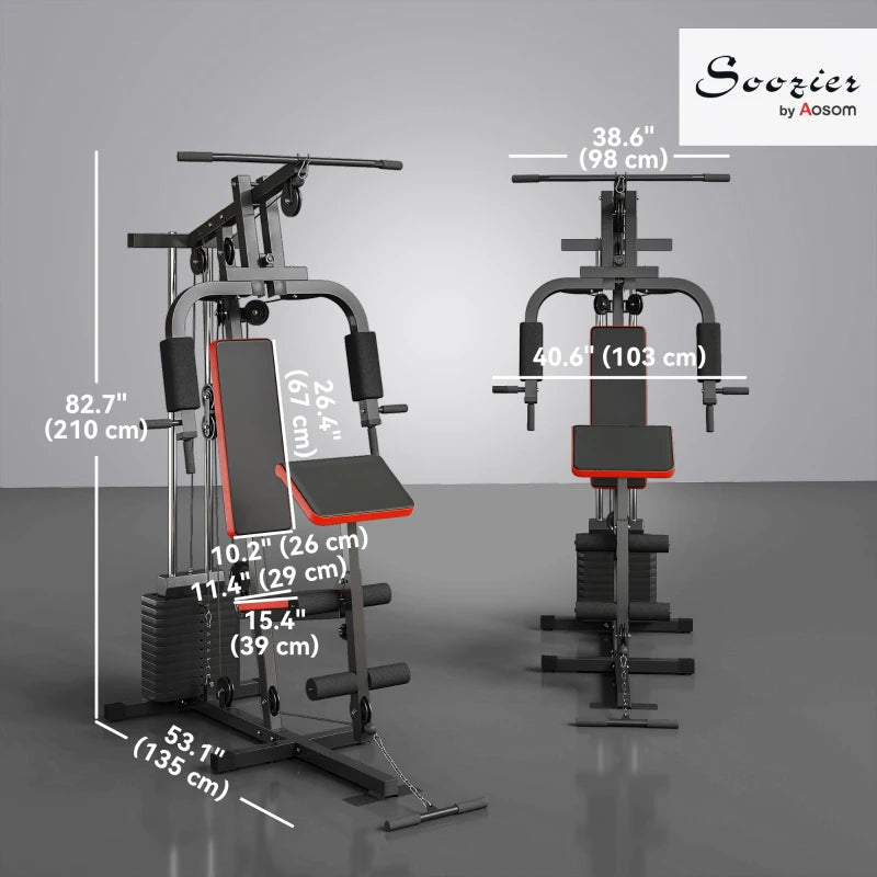 Soozier Home Gym Equipment Weight Training Machine, Multifunction Workout Machine with 143lbs Weight Stack for Full Body Workout and Strength Training, Red