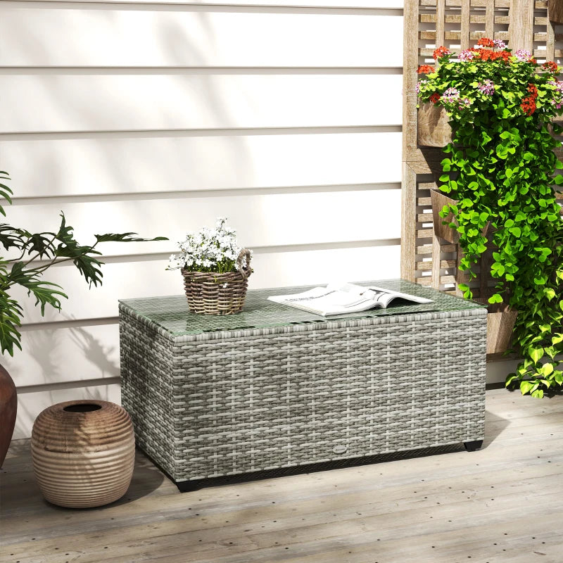 Wicker Outdoor Coffee Table, PE Wicker Rectangular Patio Table with Tempered Glass Top for Garden, Balcony, Light Grey