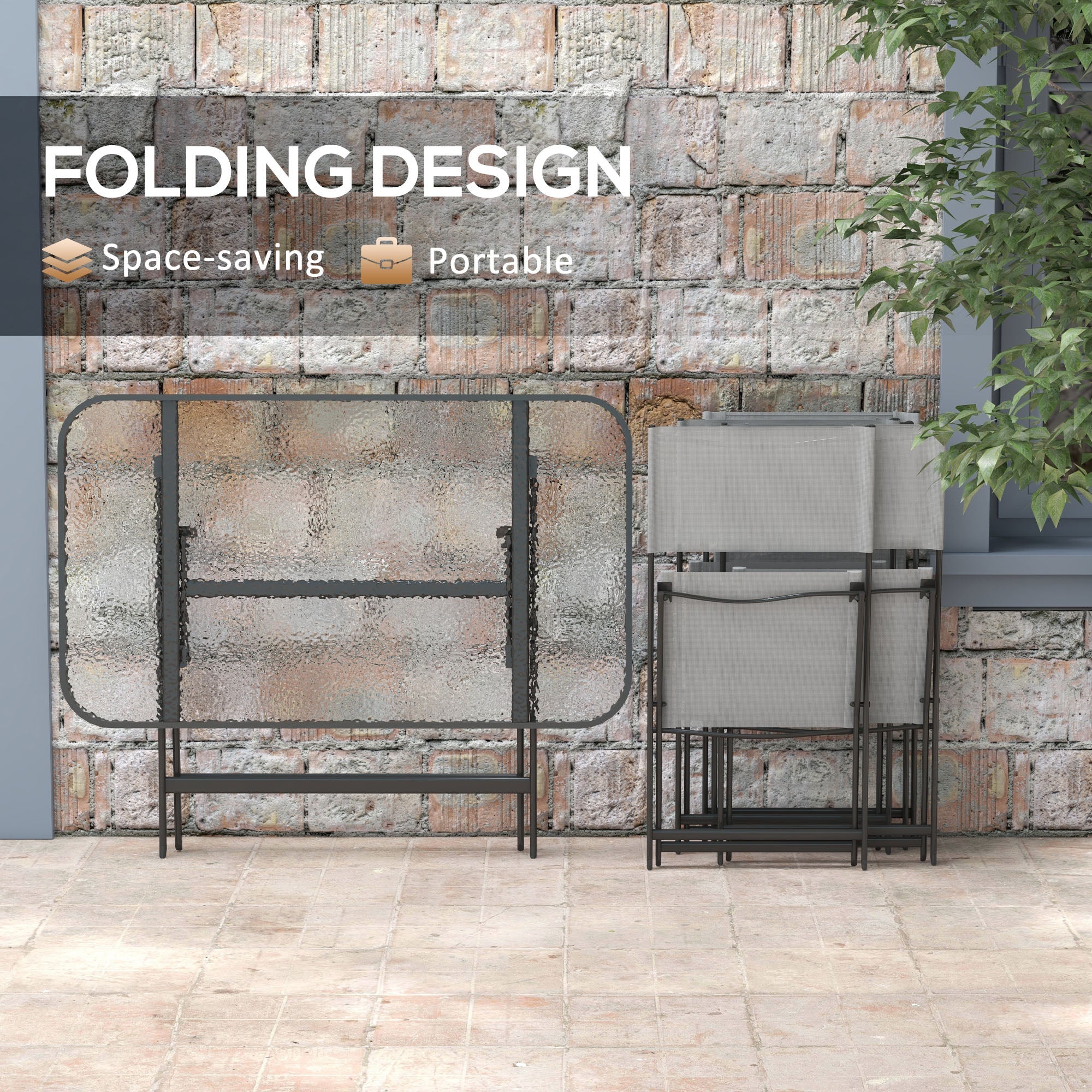 Outsunny Patio Dining Set 5 Pieces Foldable Table and Chairs Glass Top Rectangle Table Stackable Chairs Grey 