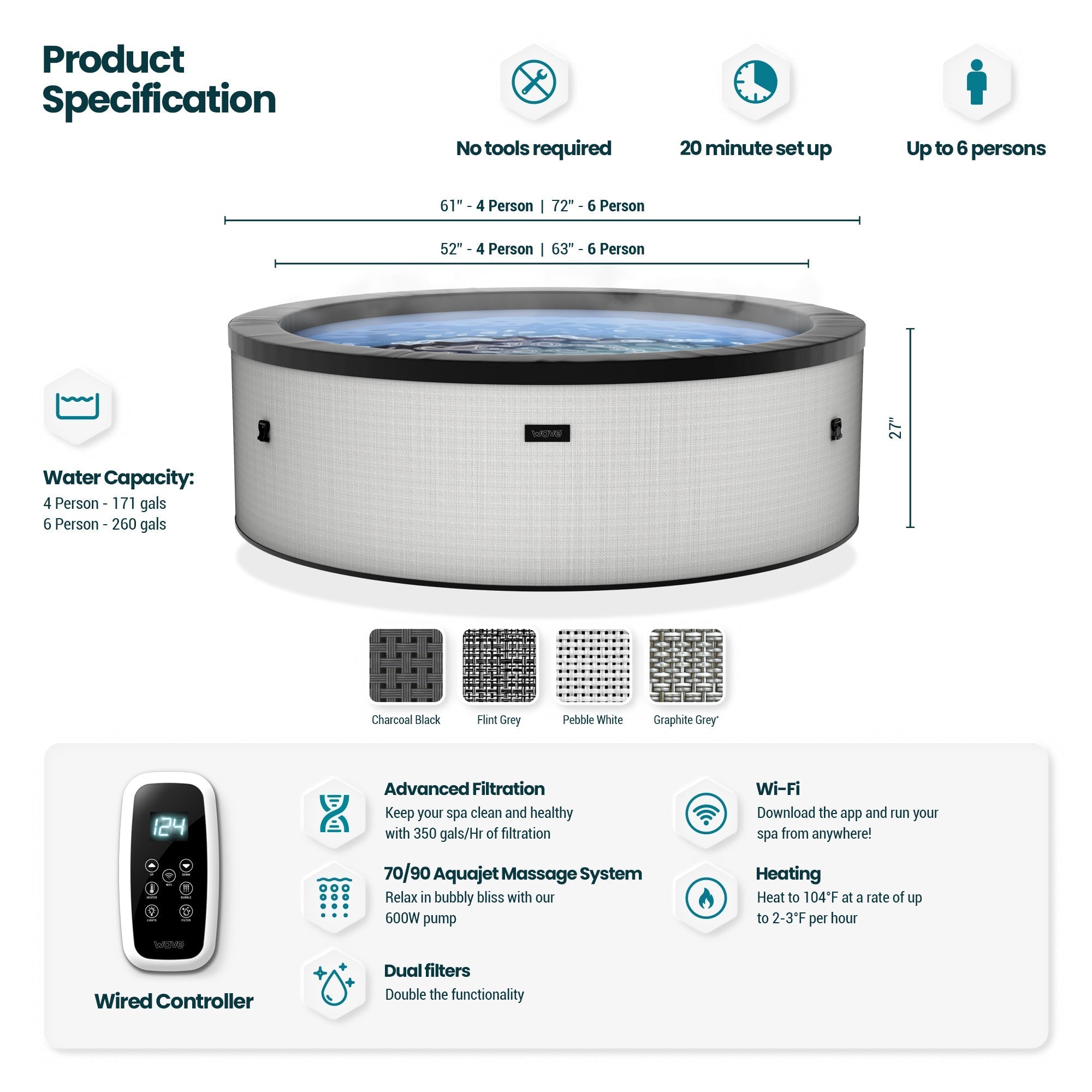 Tahoe | 4/6-Person Eco Foam Hot Tub | Round | Built-In Integrated Heater 