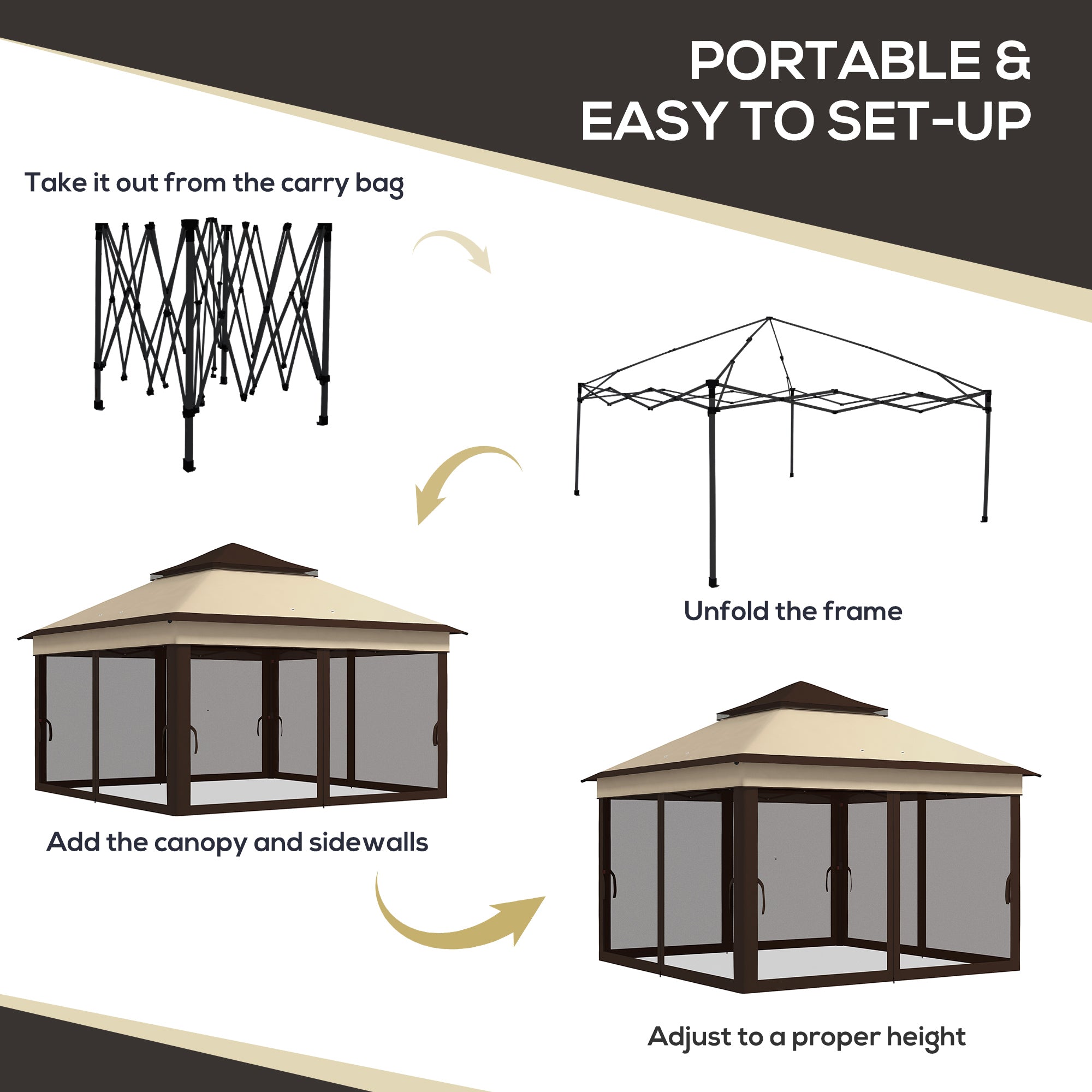 Outsunny 10.7 x 10.7ft Pop Up Gazebo, Adjustable Instant Sun Shelter with UV30+ Roof Cover, Removable Mesh Curtains, Beige 