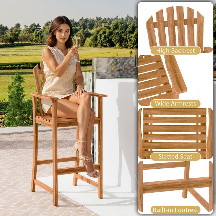 Tall Adirondack Chair with Armrests and Footrest for Deck-Natural