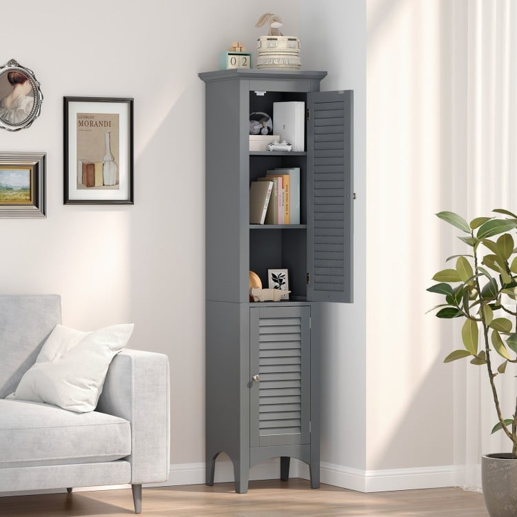 Tall Bathroom Floor Cabinet with Shutter Doors and Adjustable Shelf-Gray