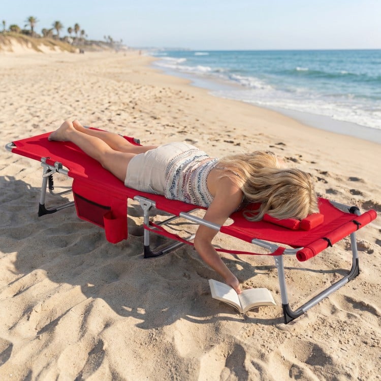 Tanning Chair with Face Arm Holes Portable Sunbathing Chair-Red