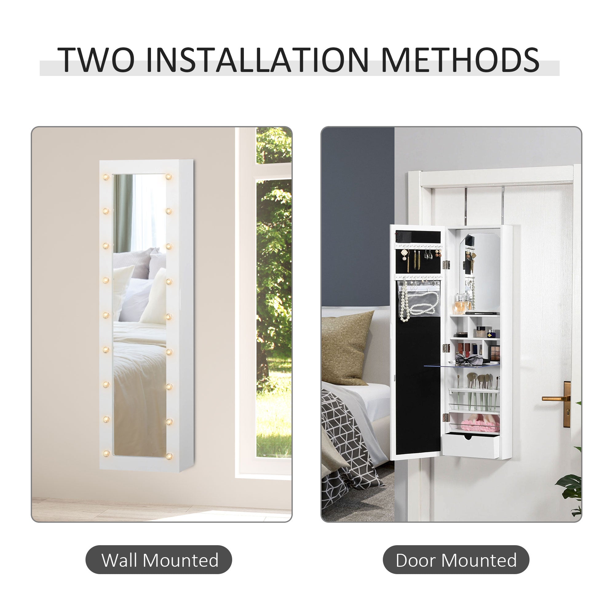 HOMCOM Wall-Mount Jewelry Cabinet: With 18 LED Lights, Mirror, 3 Adjustable Heights, White 