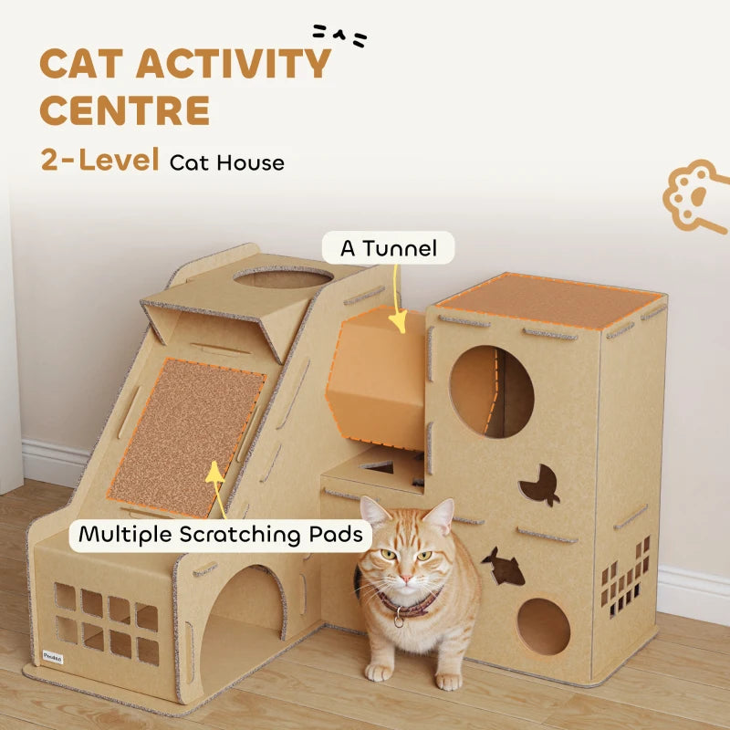 Multi-Level Cardboard Cat House, Corrugated Cardboard Play Condo with Scratching Pads for Indoor Kittens