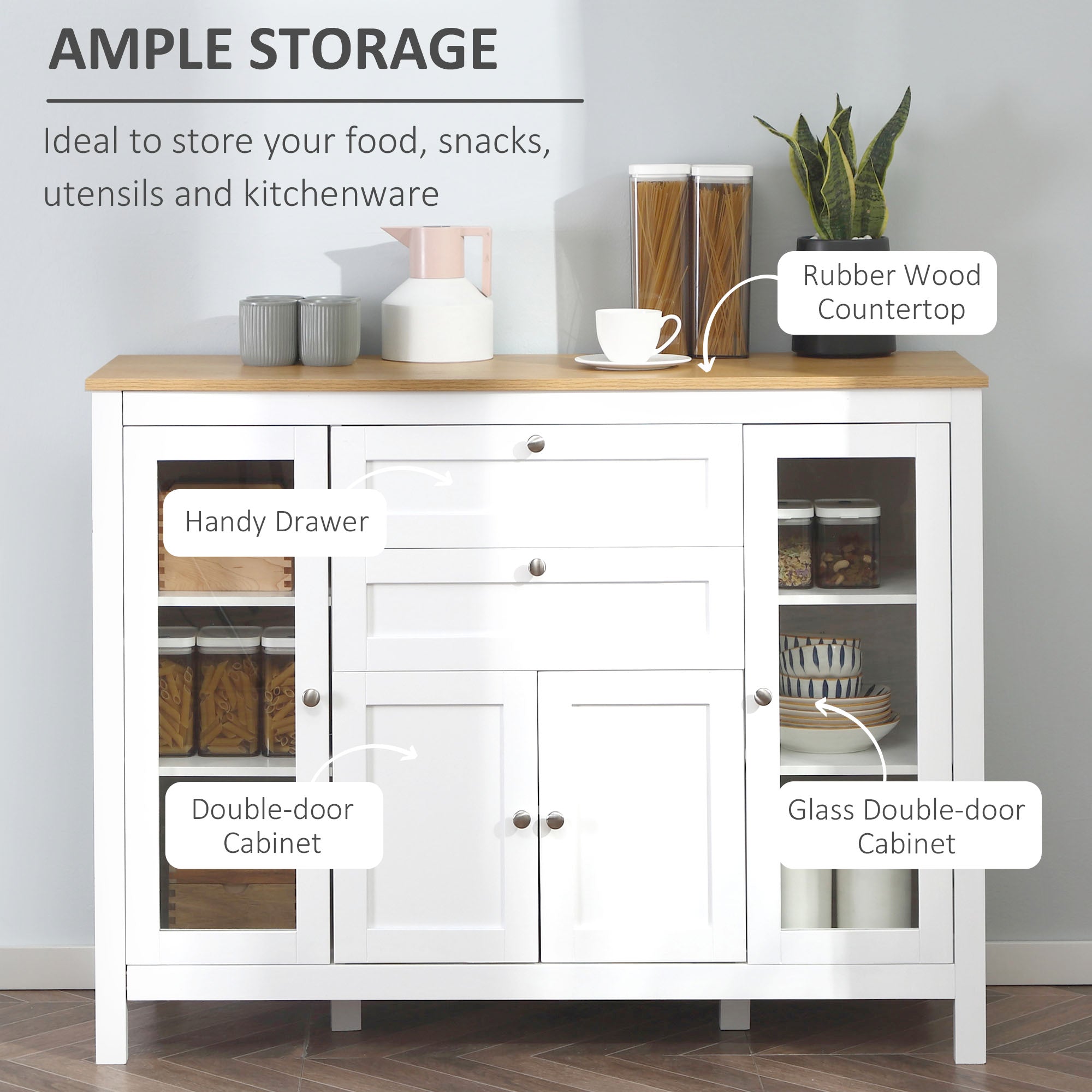 HOMCOM Oak and White Buffet Cabinet: Modern Sideboard with Glass Door Storage Cupboard and Adjustable Shelves for Kitchen, Living Room 