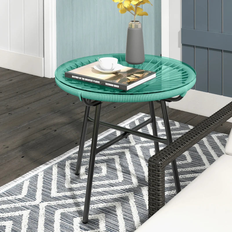 Rattan Side Table, Round Outdoor Table, with Round PE Rattan and Tempered Glass Table Top for Patio, Garden, Light Green
