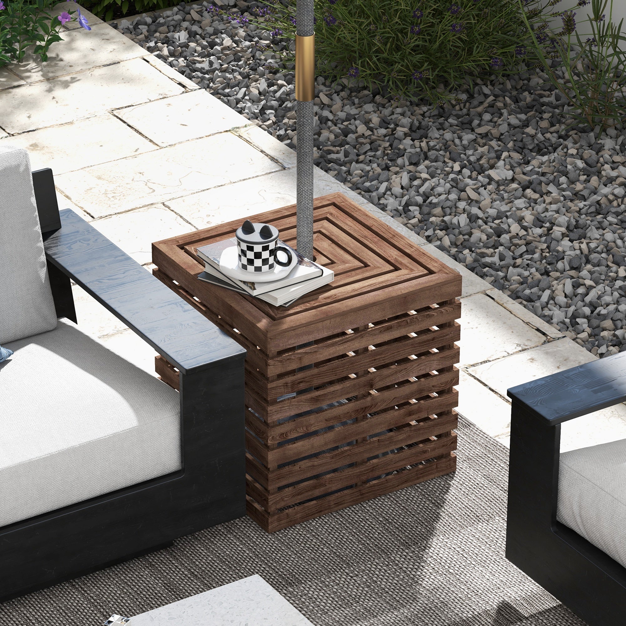 Outsunny Outdoor Umbrella Base Storage Box & Wooden Patio Side Table 2-in-1, Brown - Multifunctional Elegance for Your Patio 