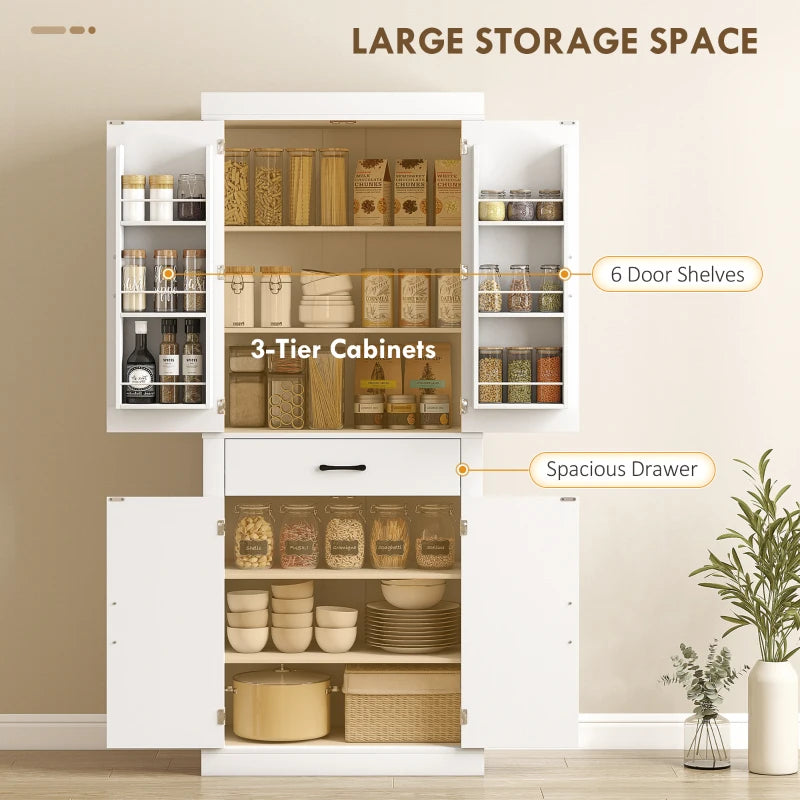 72" Kitchen Pantry Cabinet, Farmhouse Kitchen Storage Cabinet with 4 Barn Doors, 6 Door Shelves, Drawer, White