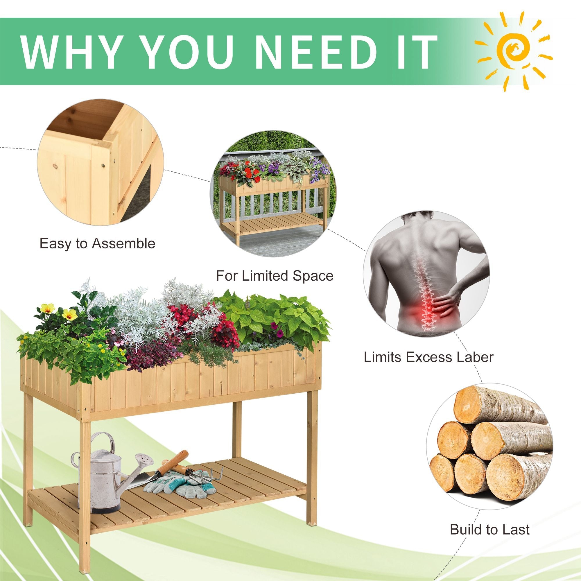 Outsunny Elevated Wooden Garden Plant Stand 43.25"x18"x30" Outdoor Raised Flower Bed 8 Grid Box Natural 