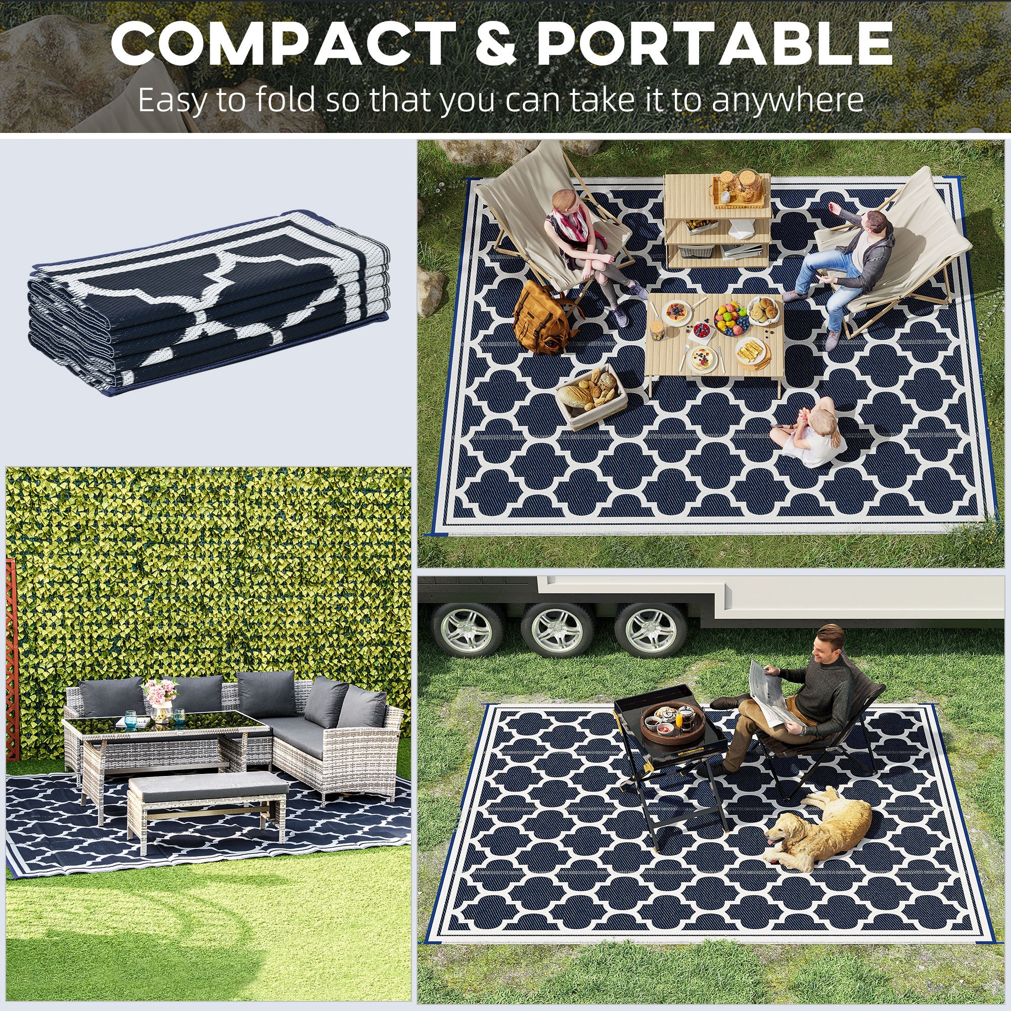 Outsunny 9'x12' Reversible RV Outdoor Rug in Dark Blue - High-Quality Patio Floor Mat for Camping, Beach & Deck 
