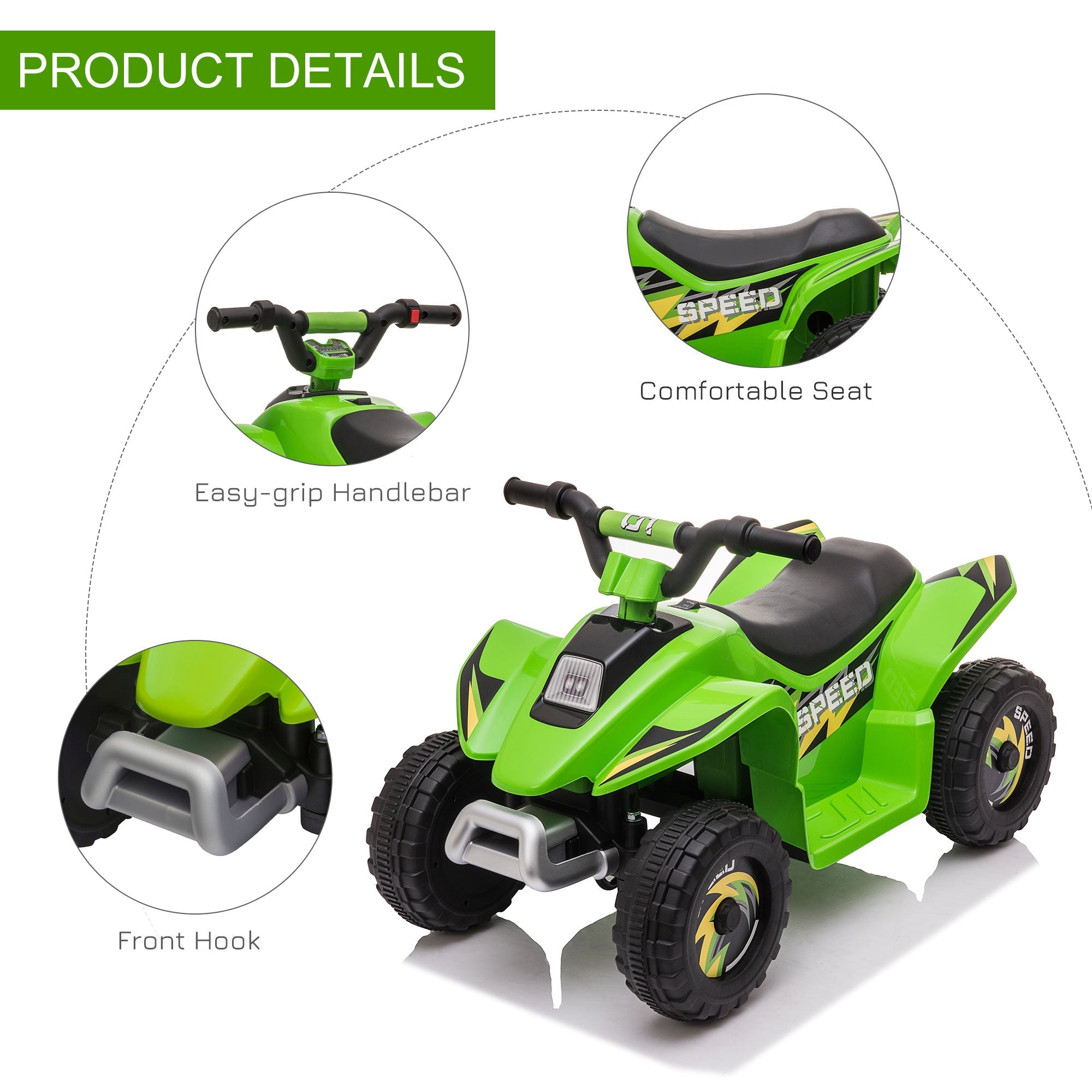 Aosom Kids Ride on ATV, 6V Battery Powered Quad Car with Forward, Reverse Switch, for Boys Girls 18-36 Months, Green 