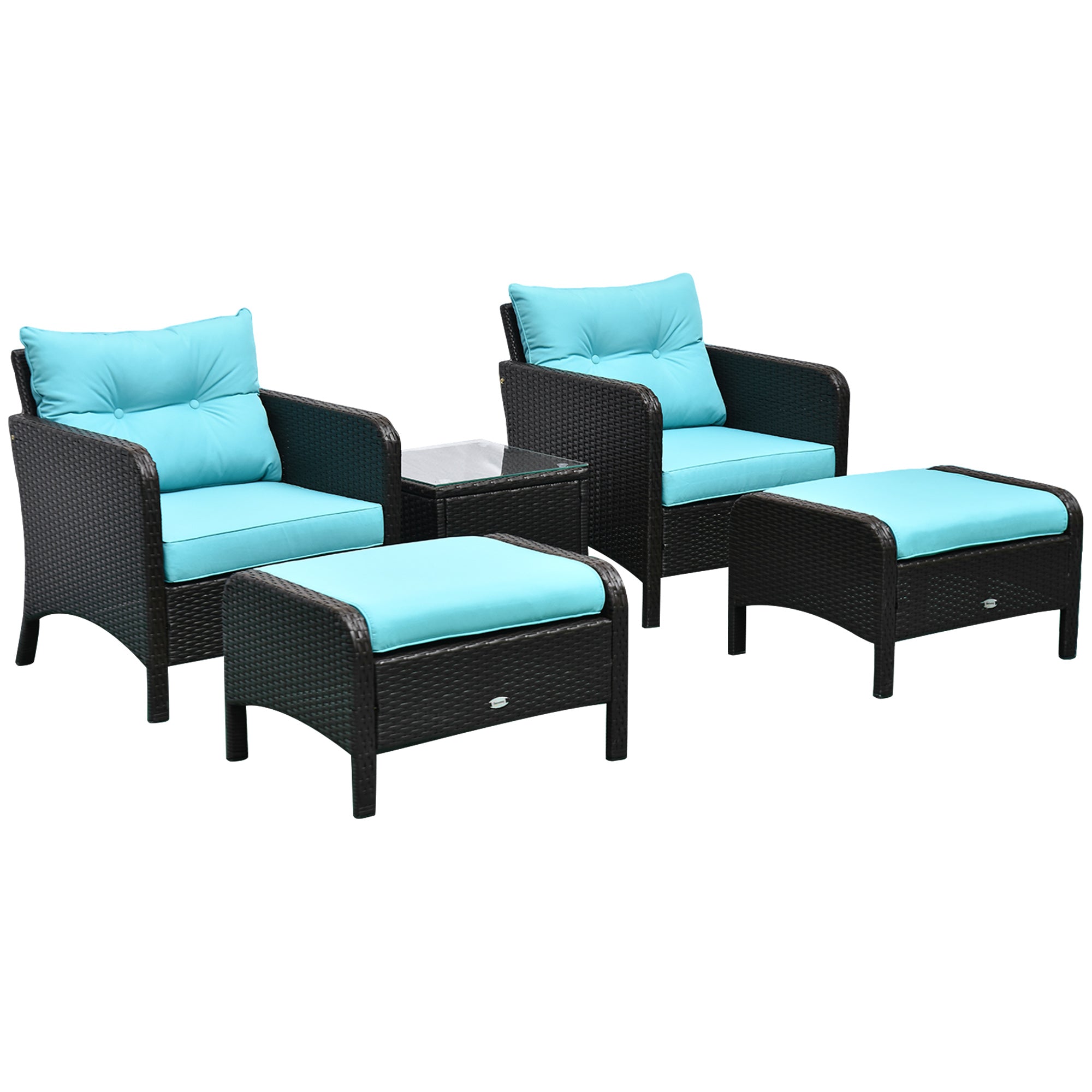 Outsunny 5pc Patio Rattan Coffee Set Garden Wicker Bistro Ottoman Yard Sofa Armchairs Tea Table Brown 