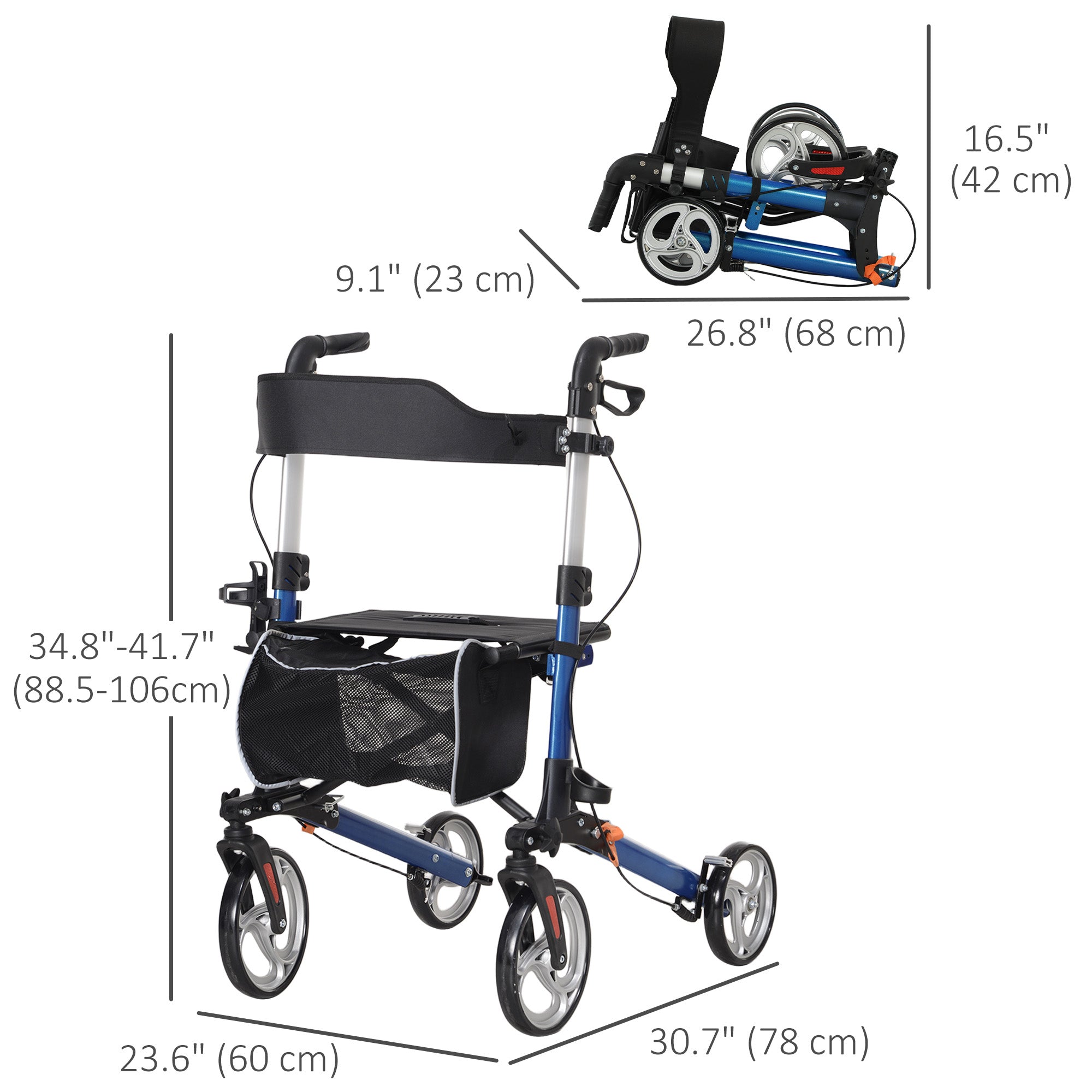 HOMCOM Lightweight Folding Rolling Walker with Large Seat, Back, Adjustable Handle, Bag, Dual Brake, Cane Holder, Blue 