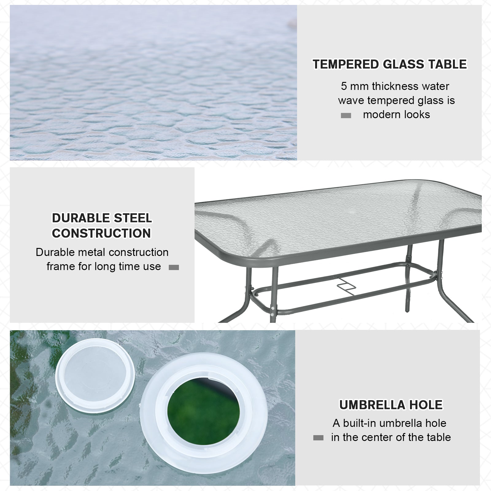 Outsunny Metal Garden Dining Tables Outdoor Patio w/ Tempered Glass Top, Umbrella Hole, 55" x 31.5" 