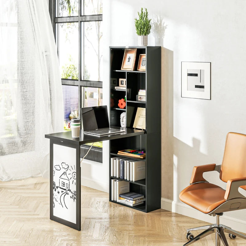 Wall Mounted Fold-Out Convertible Office Desk with Storage Shelves & Blackboard – Black