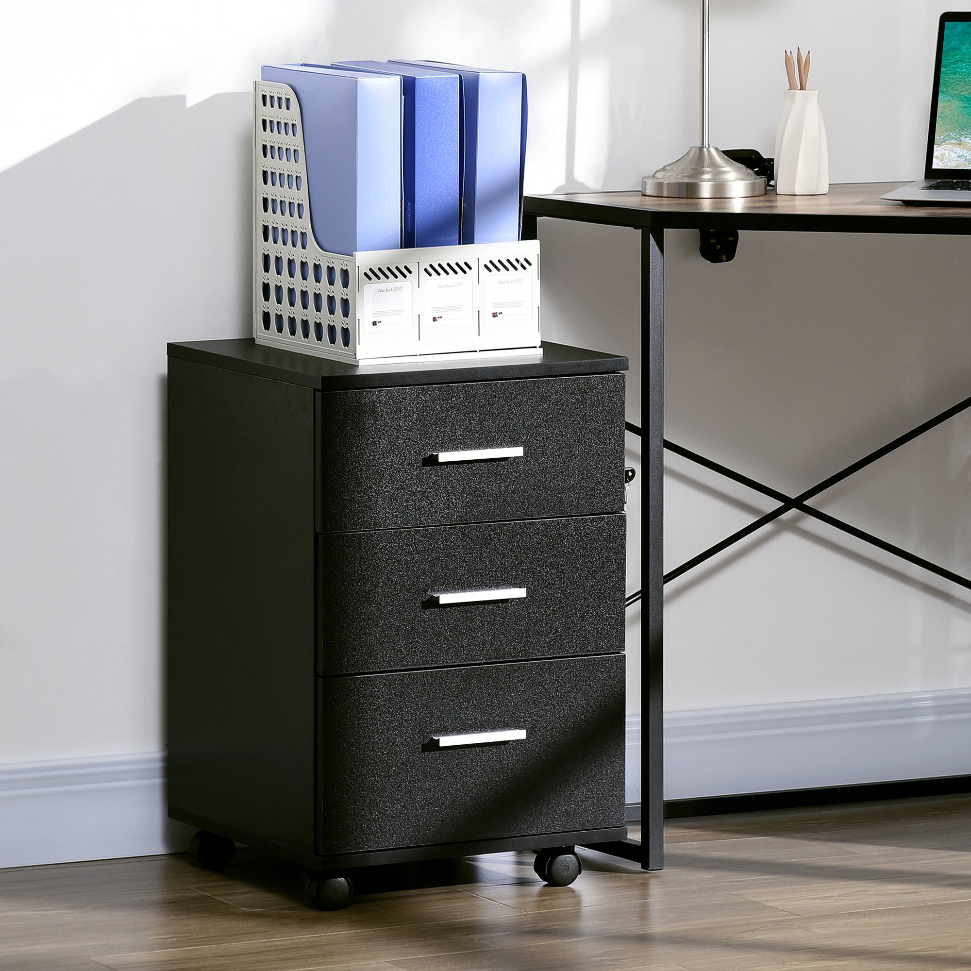 Vinsetto 3 Drawer Mobile Filing Cabinet with Lock and Keys Wheels for Home Office Storage Organizer Black 
