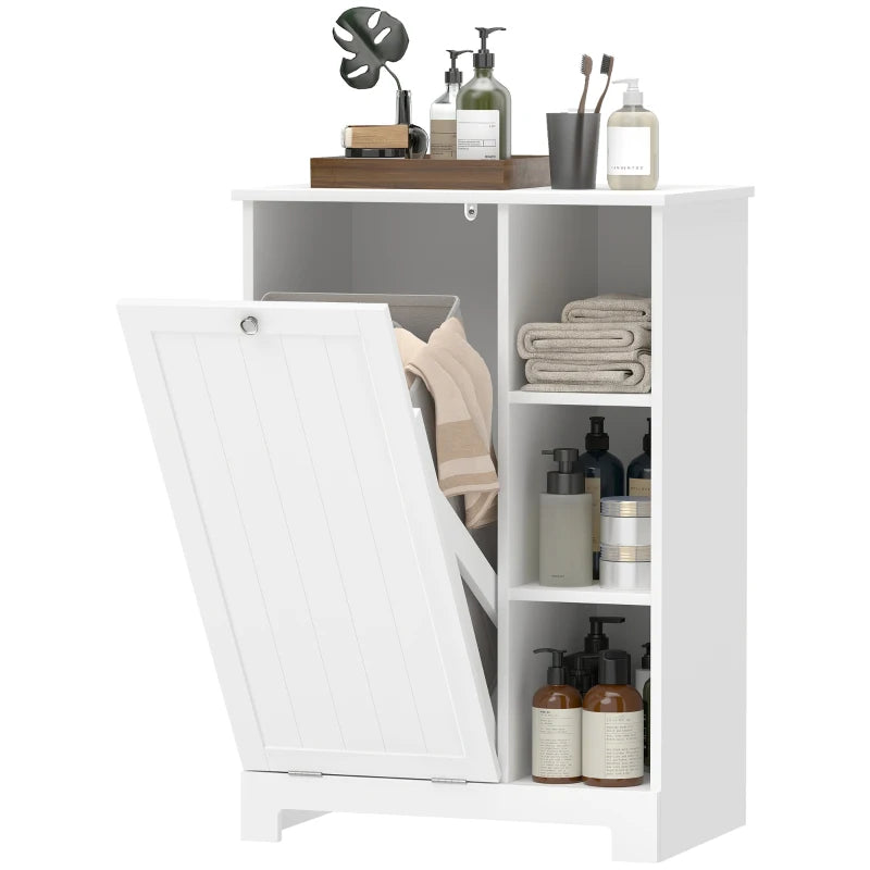 Laundry Cabinet with Removable Basket, Tilt Out Laundry Hamper with Adjustable Shelf and Open Compartments, White