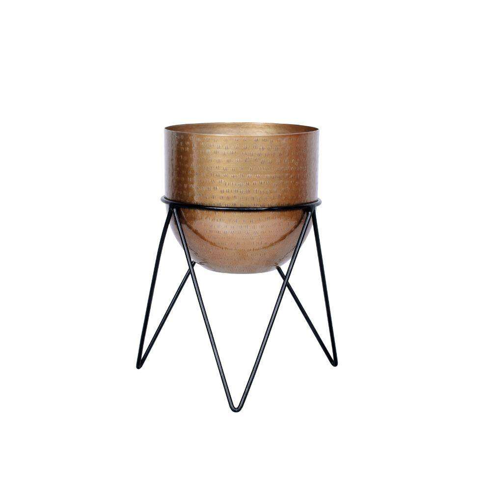 Teresa - Brass Mid-Century Planter With Black Metal Stand 