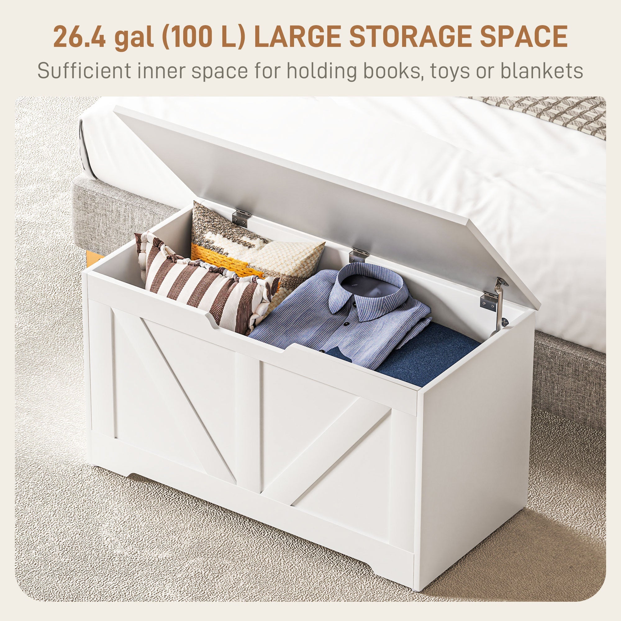 HOMCOM 31.5 Inches Storage Chest, Storage Trunk with 2 Safety Hinges, Wooden Toy Box for Living Room, White Wood Grain 