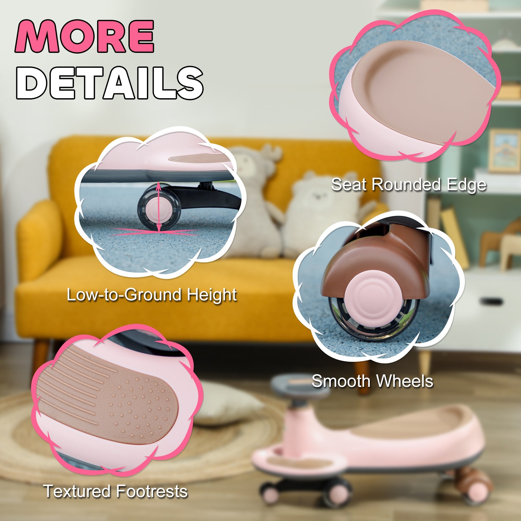 Qaba Kids Wiggle Car w/ Parent Traction Rope, Music, Light, Pink 