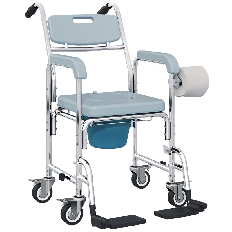 Rolling Shower Chair, Bedside Commode Chair with Wheels, Backrest, Arms, Flip Footrests for Seniors, Disabled, Grey