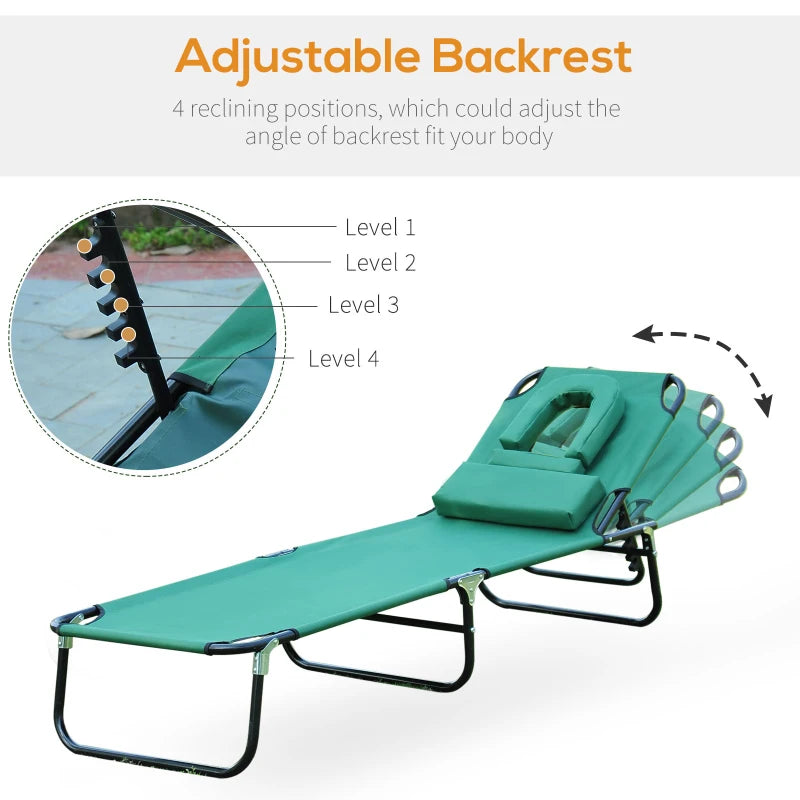 Folding Outdoor Lounge Chair, Portable Reclining Beach Lounger with Face Hole, Detachable Pillow, 3-Position Adjustable Backrest, For Patio, Garden, Poolside, Green