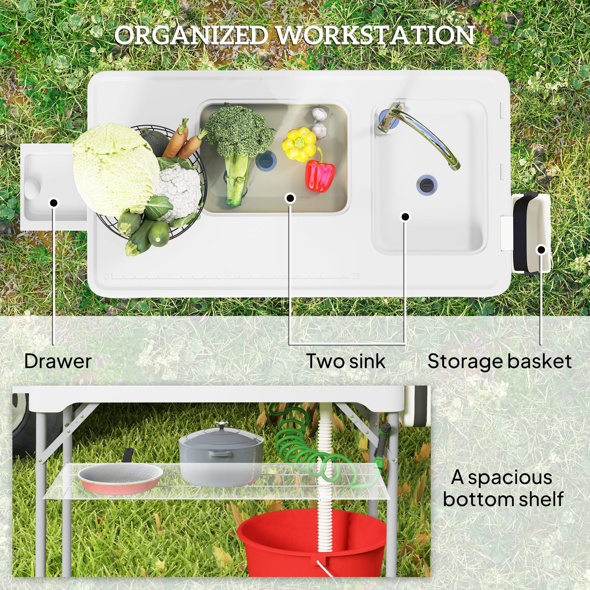 Outsunny Folding Fish Cleaning Table with Sinks, Camping Sink with Faucet Drainage Hose Sprayer Shelf Drawer Storage Basket, Outdoor Sink Station for Beach Patio Picnic, White 