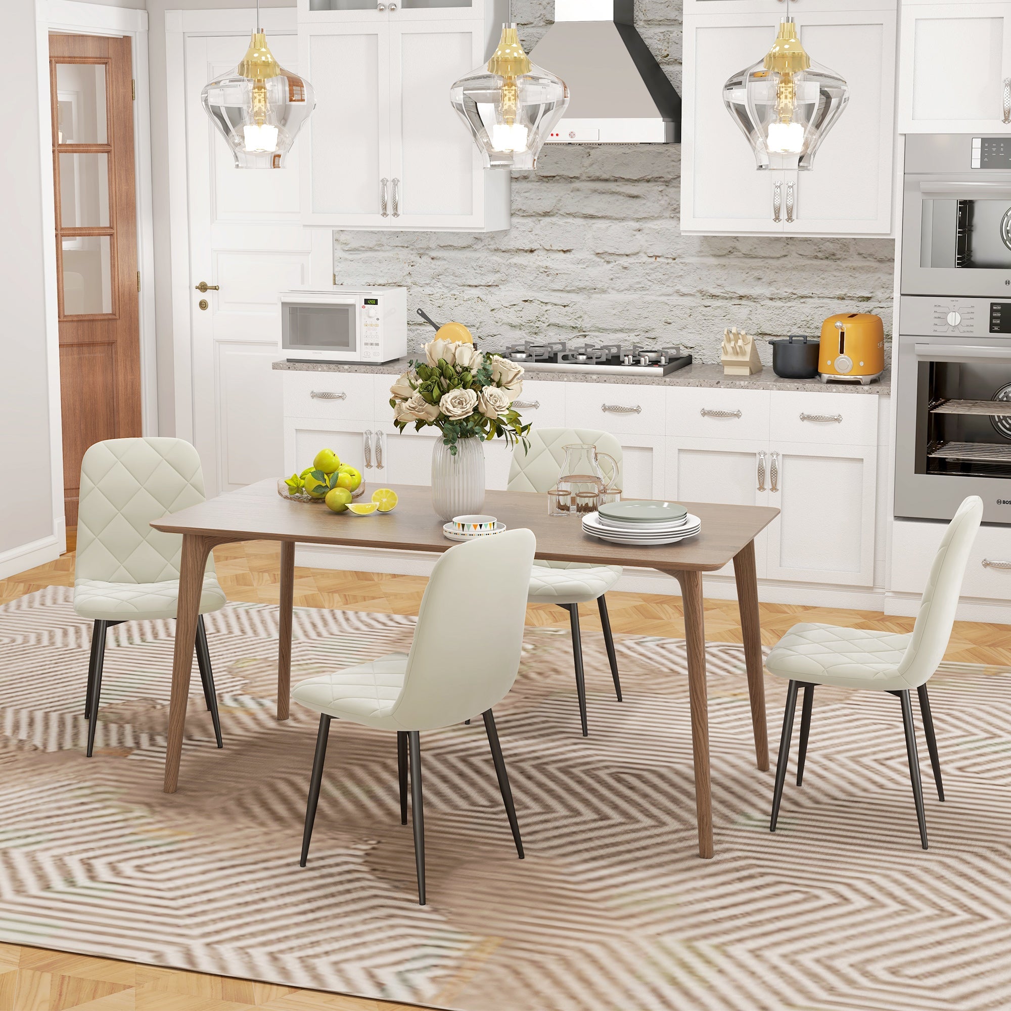 HOMCOM Set of 4 Upholstered Dining Room Chairs with Steel Legs Modern Kitchen Chairs Cream 