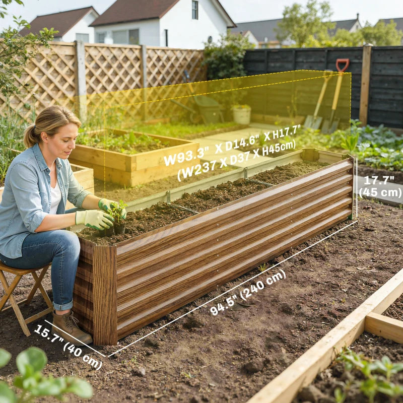 8 x 1.3 x 1.5ft Galvanized Raised Garden Bed, Reinforced Outdoor Planter Box with Open Bottom, Brown Wood Effect