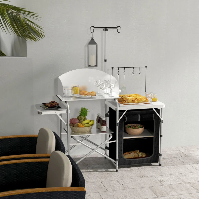 Camping Kitchen Table, Aluminum Folding Camping Table with Storage Organizer, Windshield, Light Stand, Bag, Silver