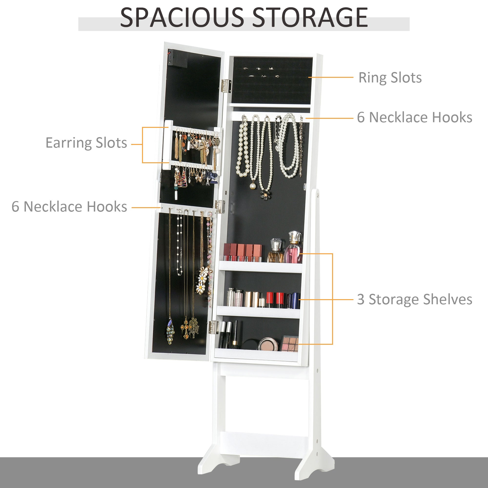 HOMCOM Lighted Jewelry Cabinet Mirrored Armoire Organizer Free Standing Storage for Necklaces Bracelets Rings Earrings Adjustable 