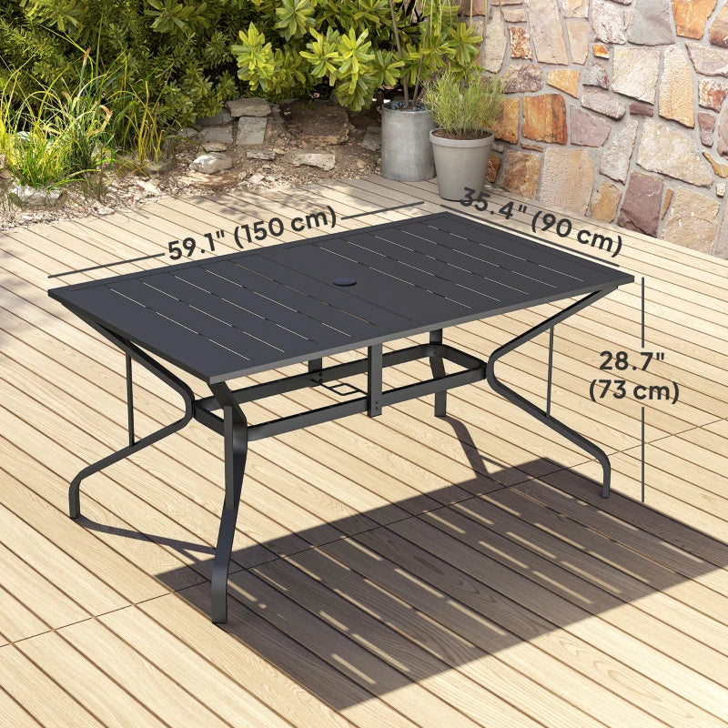 Rectangle Patio Dining Table with Umbrella Hole, Outdoor Dining Table for 6 with Steel Frame for Garden, Balcony, Black