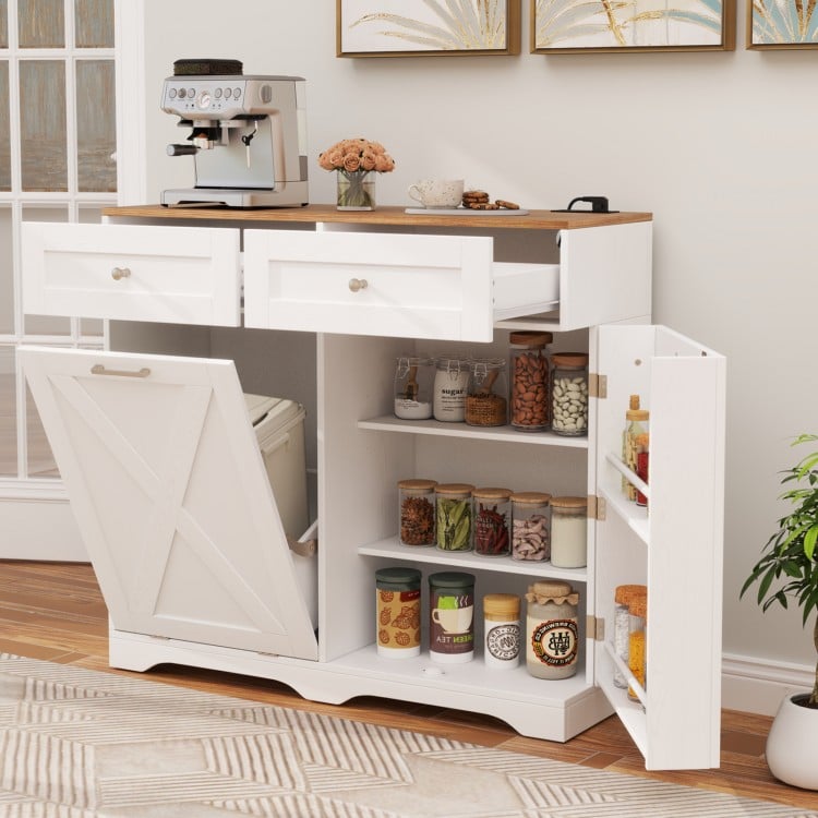 Tilt Out Trash Can Cabinet with Outlets and Adjustable Shelf-White