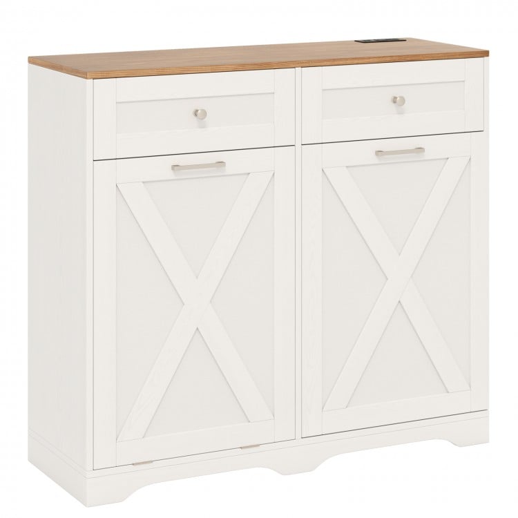 Tilt Out Trash Can Cabinet with Outlets and Adjustable Shelf-White