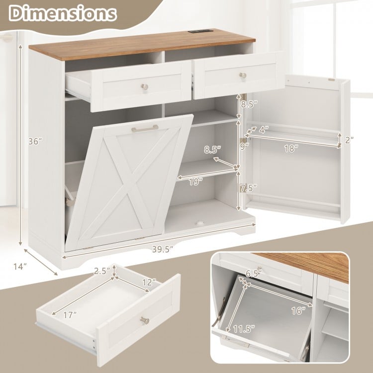 Tilt Out Trash Can Cabinet with Outlets and Adjustable Shelf-White