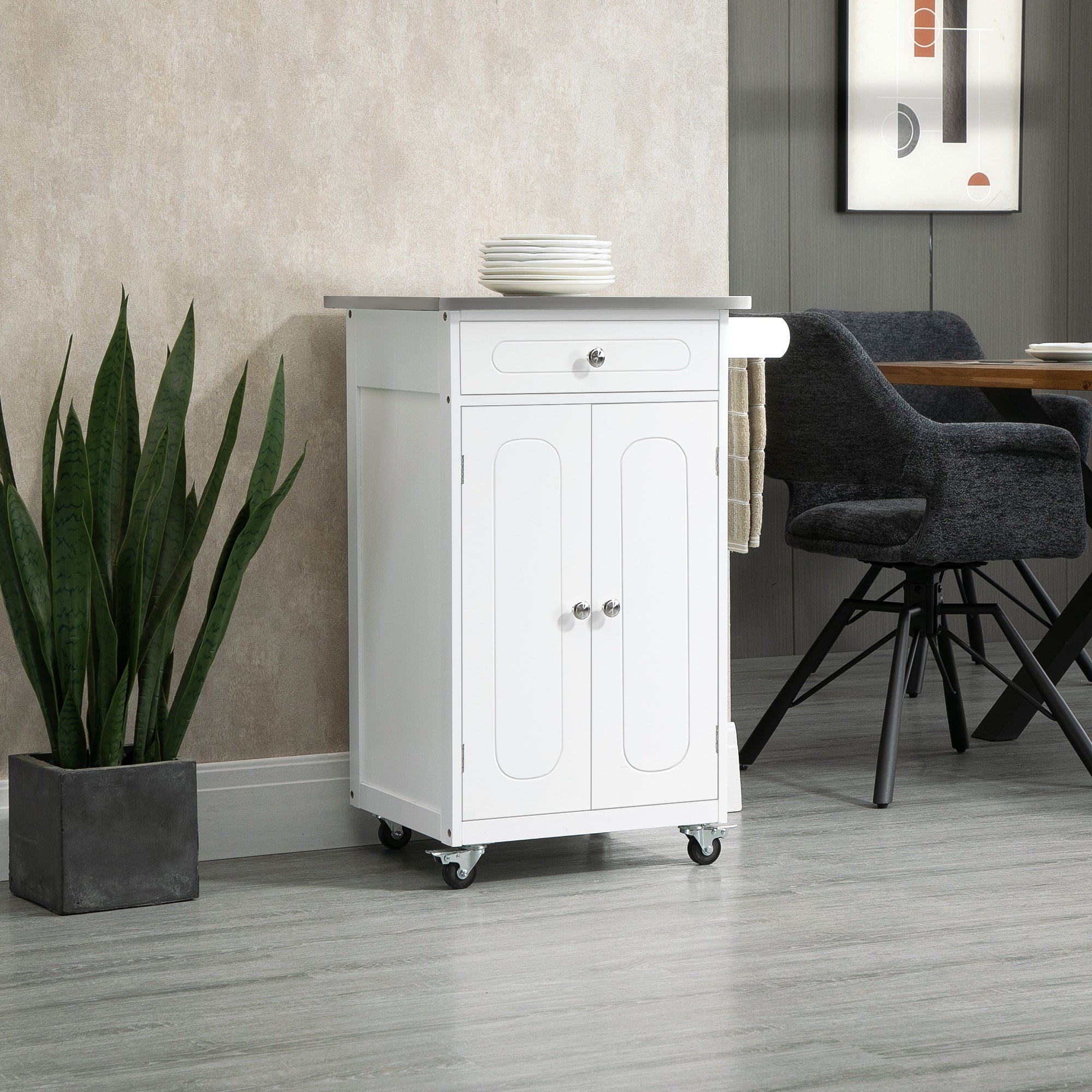 HOMCOM Compact Kitchen Cart Island Stainless Steel Top Mobile Trolley Storage Drawer Dining White 