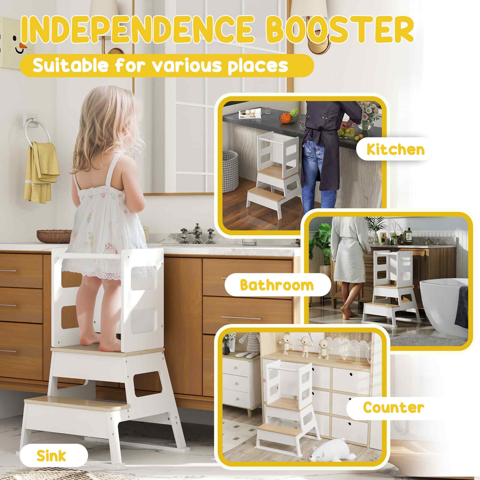 Qaba 2 in 1 Toddler Tower Kitchen Helper w/ Chalkboard, Safety Rail, for Counter, Bathroom, Sink, Kitchen, White 