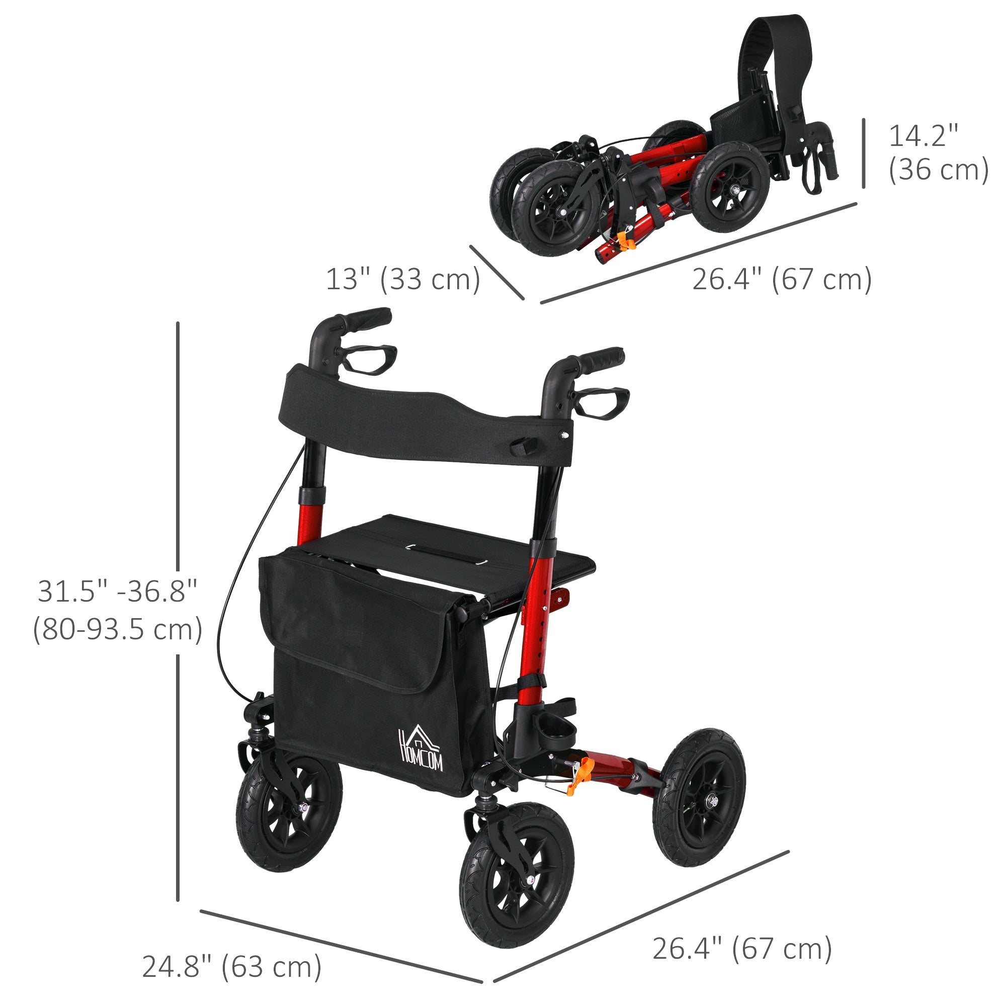 HOMCOM Rollator Walker for Seniors Adjustable Seat & Handle Folding Aluminum Frame Rubber Wheels Storage Bag Vibrant Red 