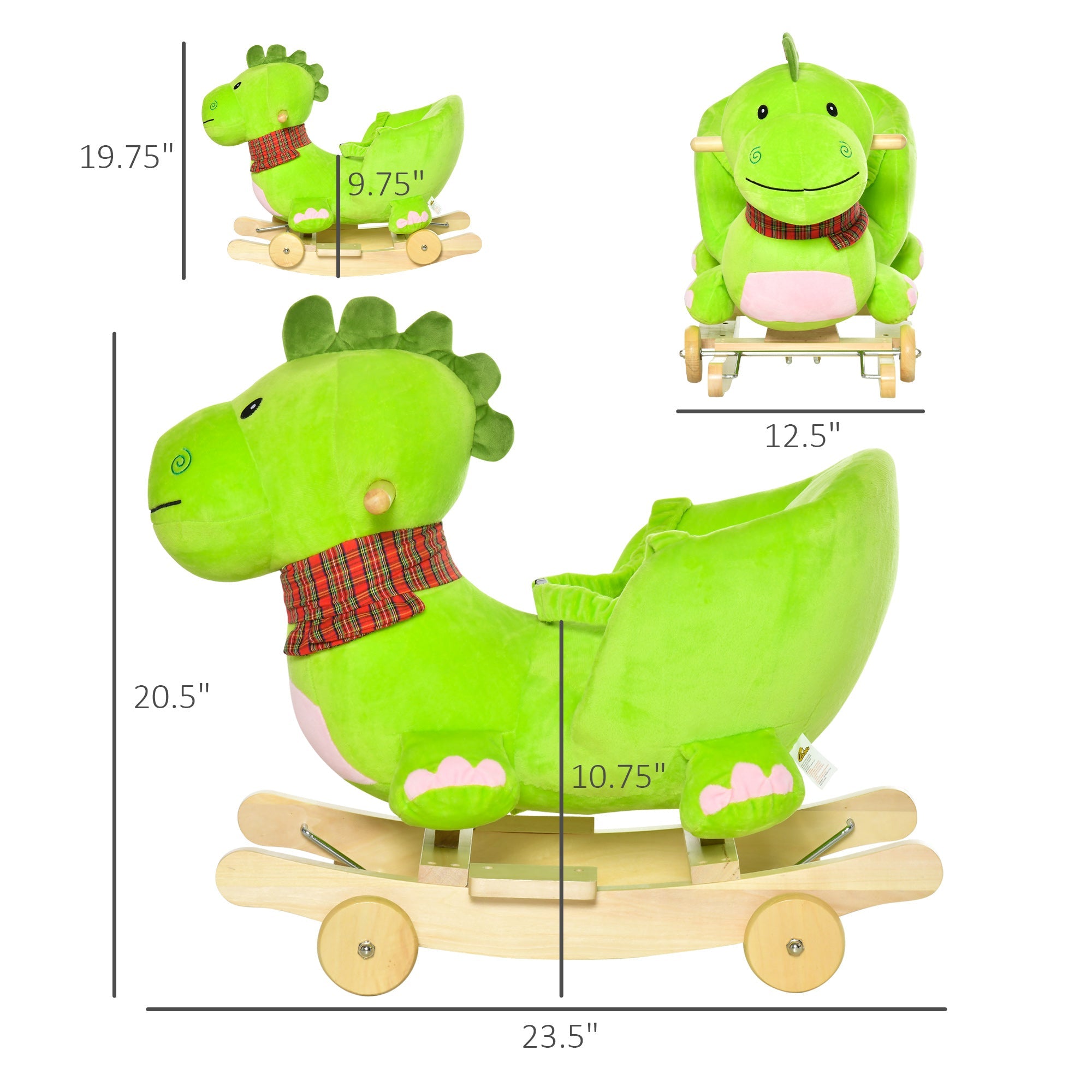 Qaba 2-in-1 Plush Ride-On Rocking Dinosaur Stroller with Nursery Rhymes Green for 18+ Months 