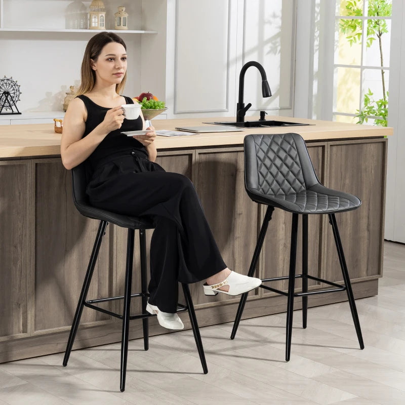 PU Leather Counter Height Bar Chairs Set of 2, 27.75" Bar Stools with Metal Legs for Dining Area, Kitchen Island, Black