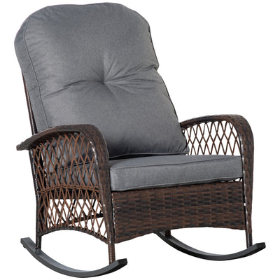 Outsunny Outdoor PE Rattan Rocking Chair, Patio Wicker Recliner Rocker Chair with Soft Cushion, for Garden Backyard Porch, Grey 