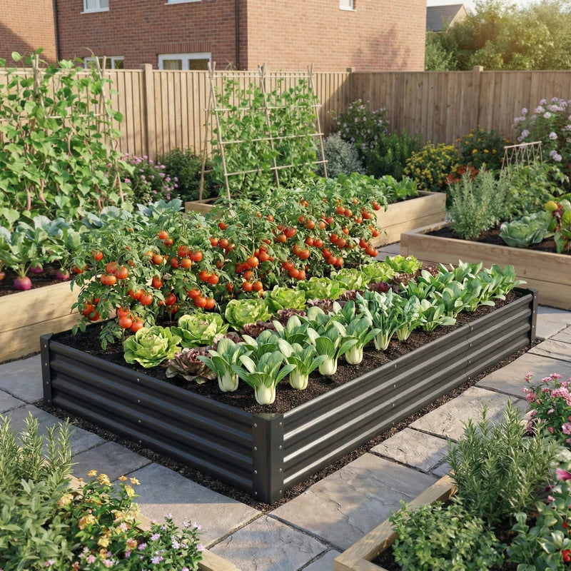 8 x 4 x 1ft Galvanized Raised Garden Bed, Reinforced Outdoor Planter Box with Open Bottom, Dark Grey