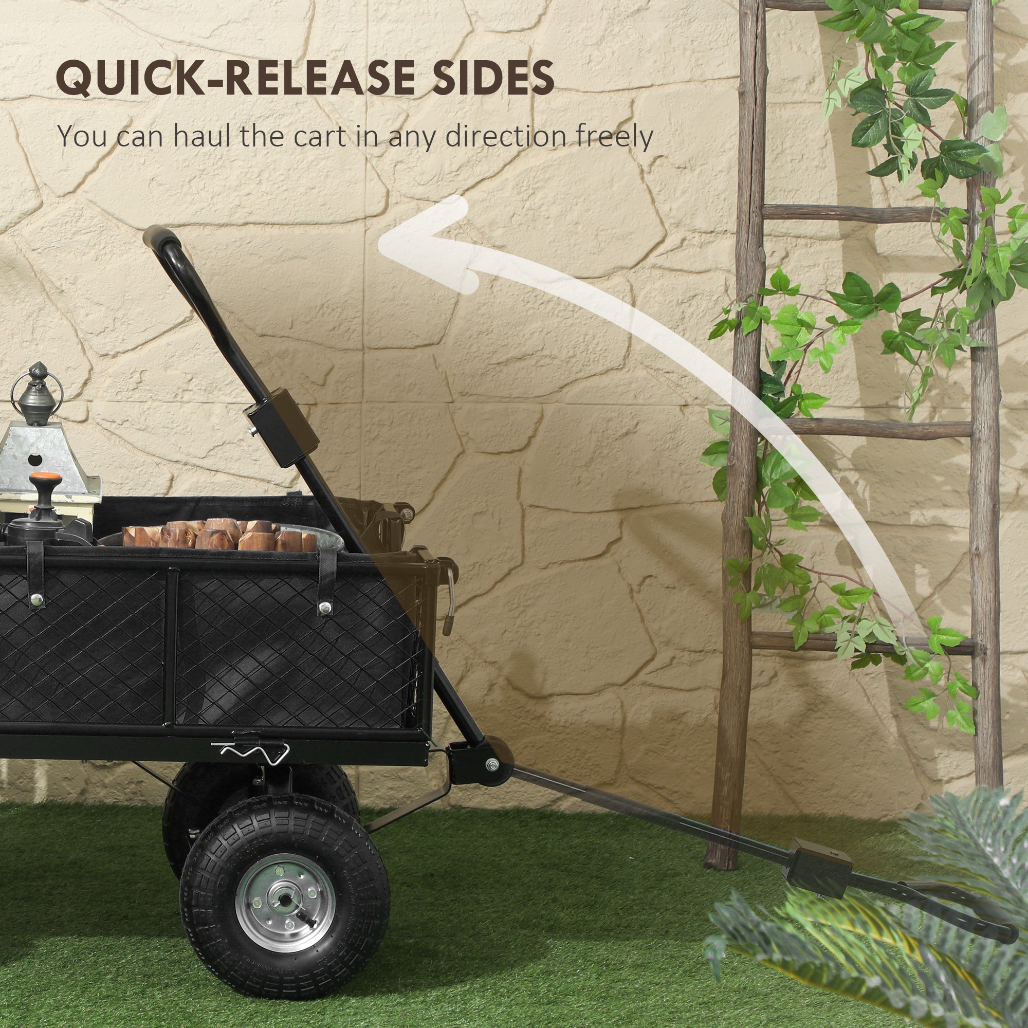 Outsunny Steel Garden Cart, Utility Wagon Cart with Removable Liner, Quick-Release Sides, 10" Wheels, 660lbs Capacity 